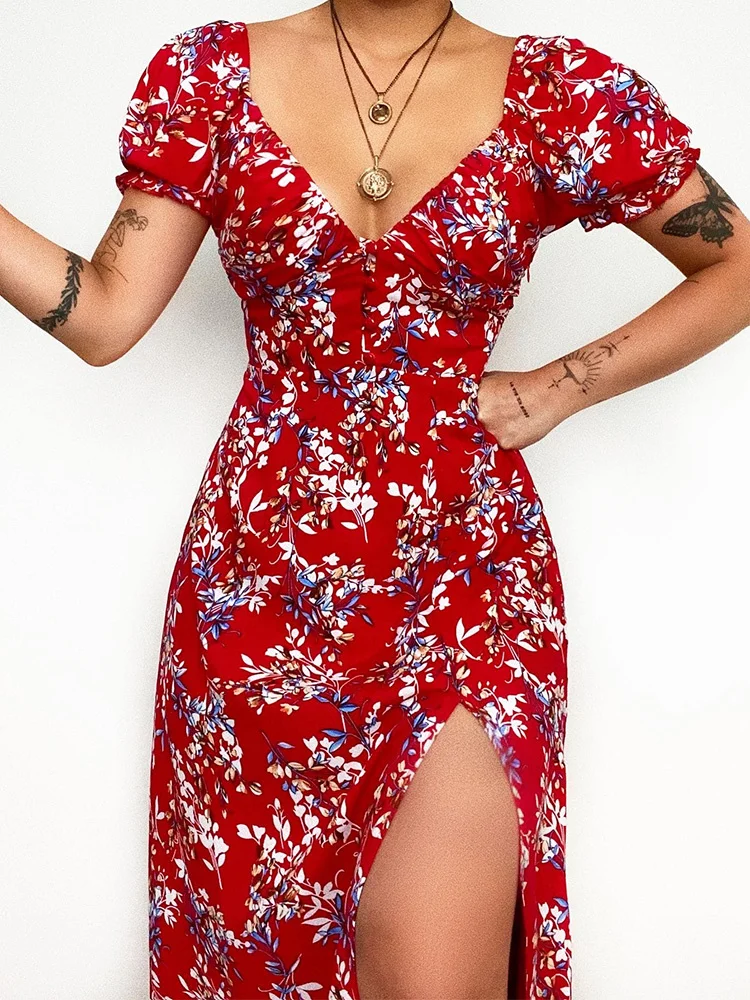 Vestidos florales elegantes para mujer, vestido Midi con abertura, escote en forma de corazón, Manga corta abombada en la espalda, playa, verano, 2022