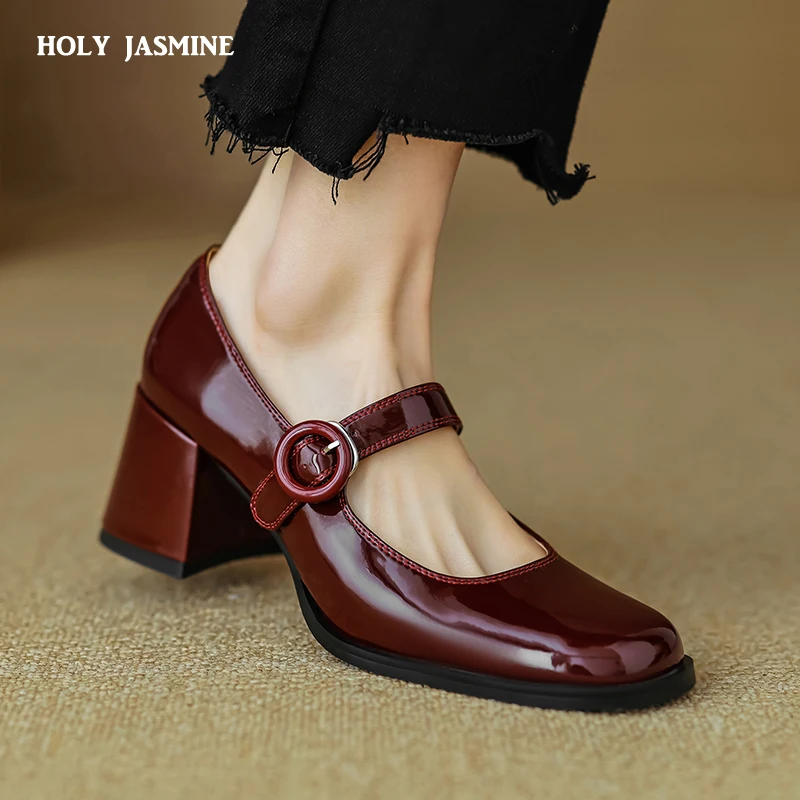 Women Pumps Thick Heels Spring Patent Leather Mary Janes Genuine Leather Round Toe Buckle Strap Retro Office Lady Shoes Woman