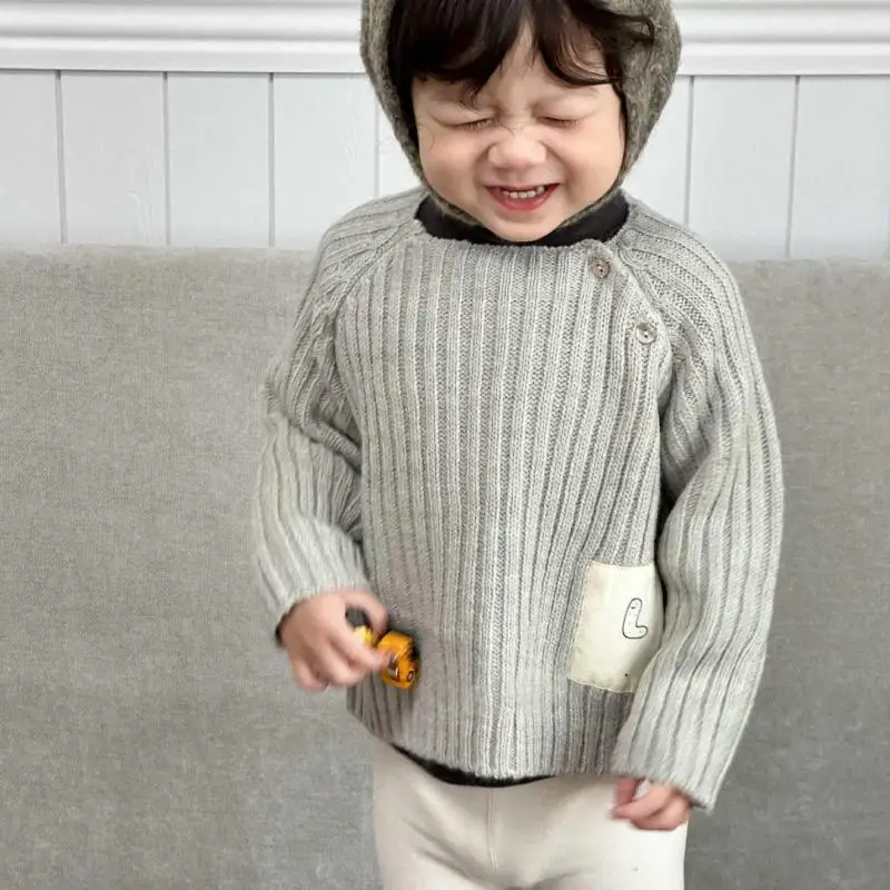 

Осень 2024, новый детский повседневный свитер с длинными рукавами, детские хлопковые вязаные топы, милый свитер для мальчиков и девочек, однотонная детская трикотажная одежда