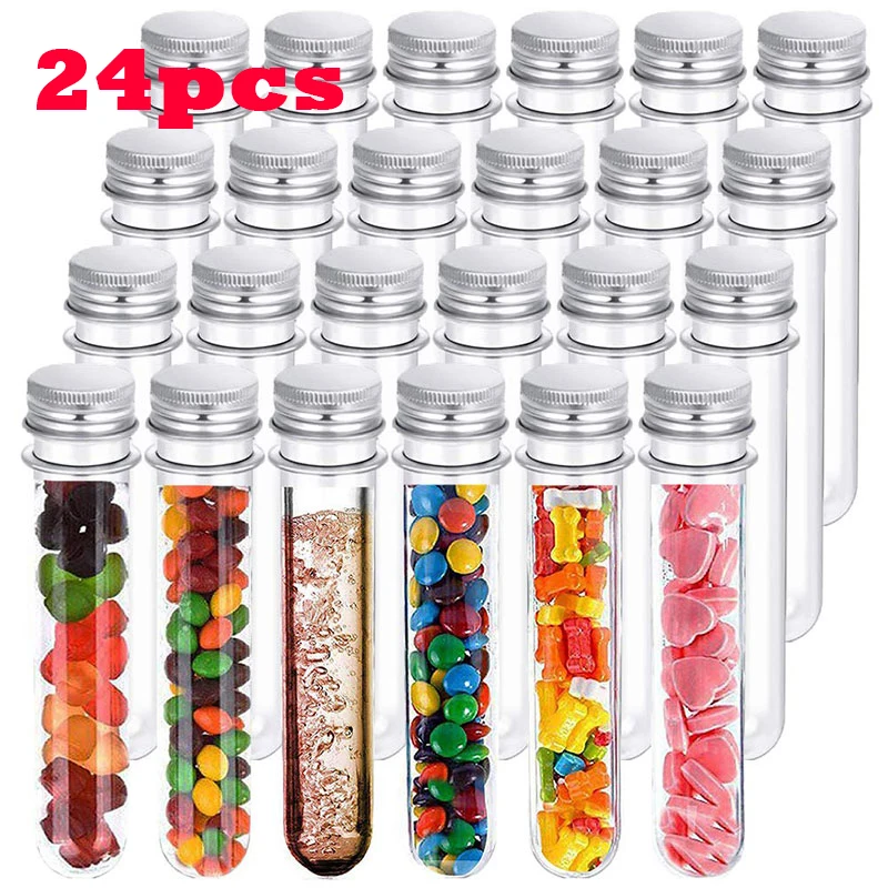 

24Pcs PET 40ml Transparent Plastic Test Tube Bottle Candy Testontainer Bath Salt Tube with Aluminum Screw Lids