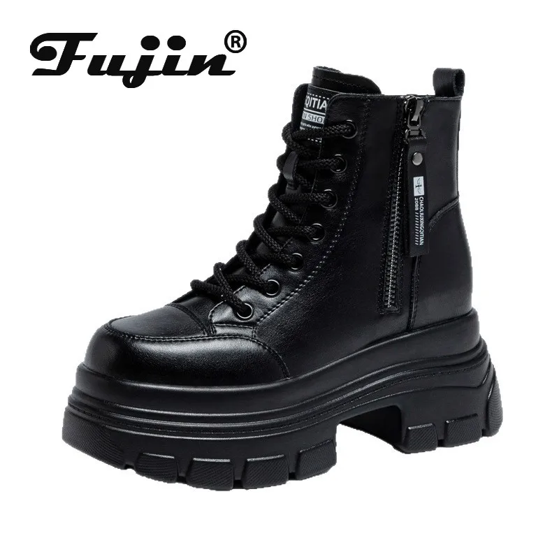 

Fujin 8cm 3 Inch Platform Boots Genuine Leather Chunky Heel Ankle Boots Comfortable Warm Fur Snow Shoes Winter Boots for Women