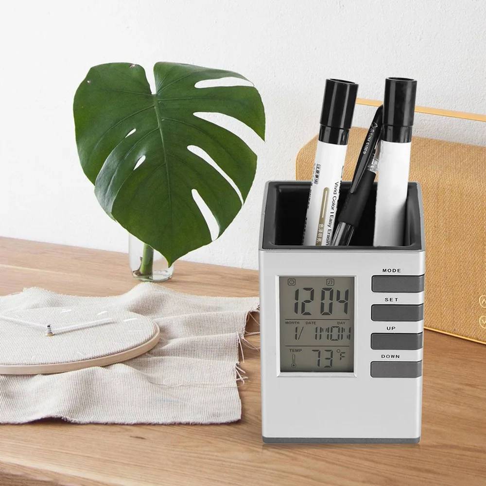 Multi-Function Pen Holder Alarm Clock Silver LCD Screen Display Desktop Clock Temperature Display Digital Display