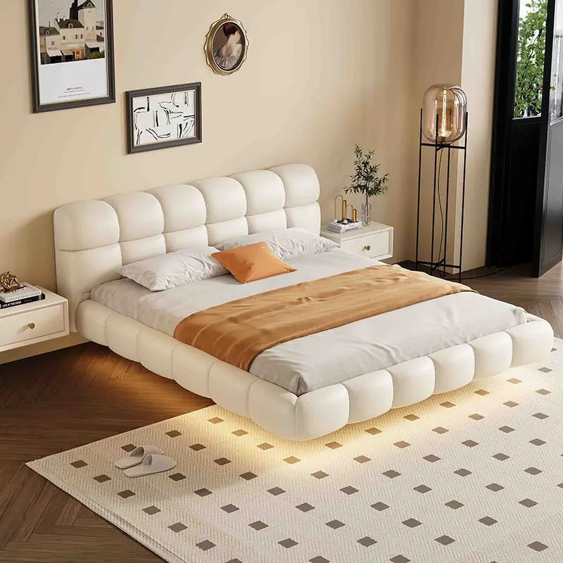 New cream wind suspension leather bed soft bag floor bed master bedroom large bed modern simple solid wood flush edge secondary