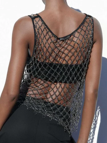 Imagen 2 del producto Camiseta sin mangas de malla transparente negra sexi para mujer, trajes rave para Club nocturno de verano 2025, Tops y2k con diamantes de imitación para mujer, top corto para fiesta en la playa