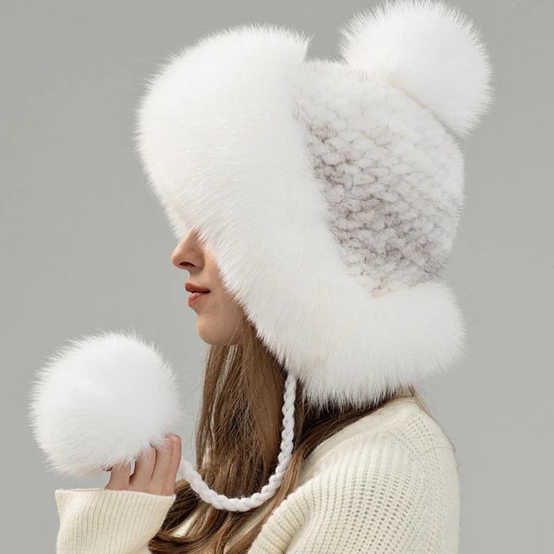 

New Style Pure Mink Fur Women Winter Fur Hat Cold-proof Ear-flap Hat Outdoor Thicken Warm Soft Hat For Casual Trip