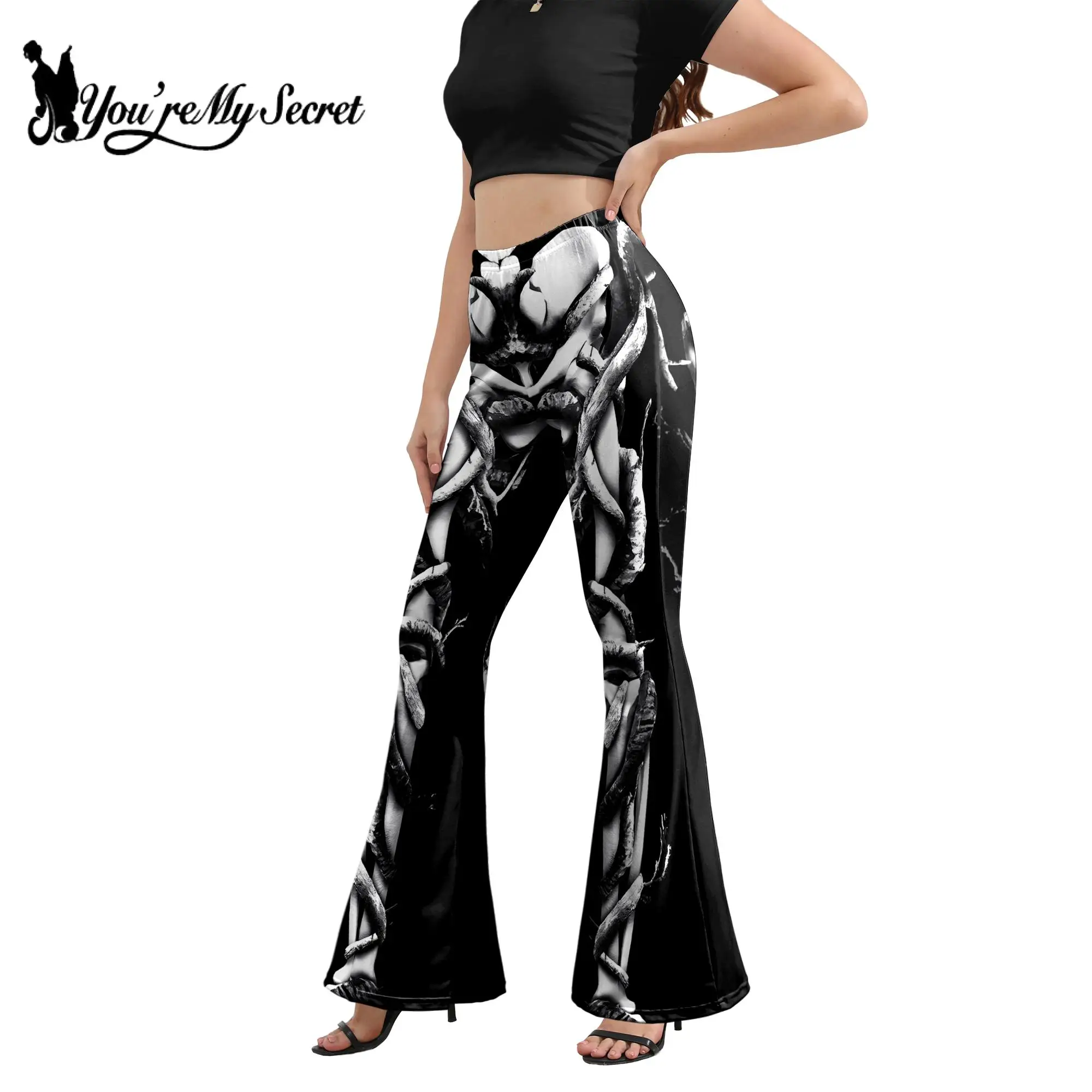 [You're My Secret] Halloween Cosplay Leggings for Women High Waist Slim Flared Pants Lady Skeleton Horror Printing Long Trousers