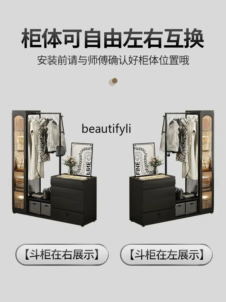 Rak mantel modern minimalis dari lantai hingga langit-langit, lemari, kamar tidur terpadu, cermin panjang, hitam, nakas