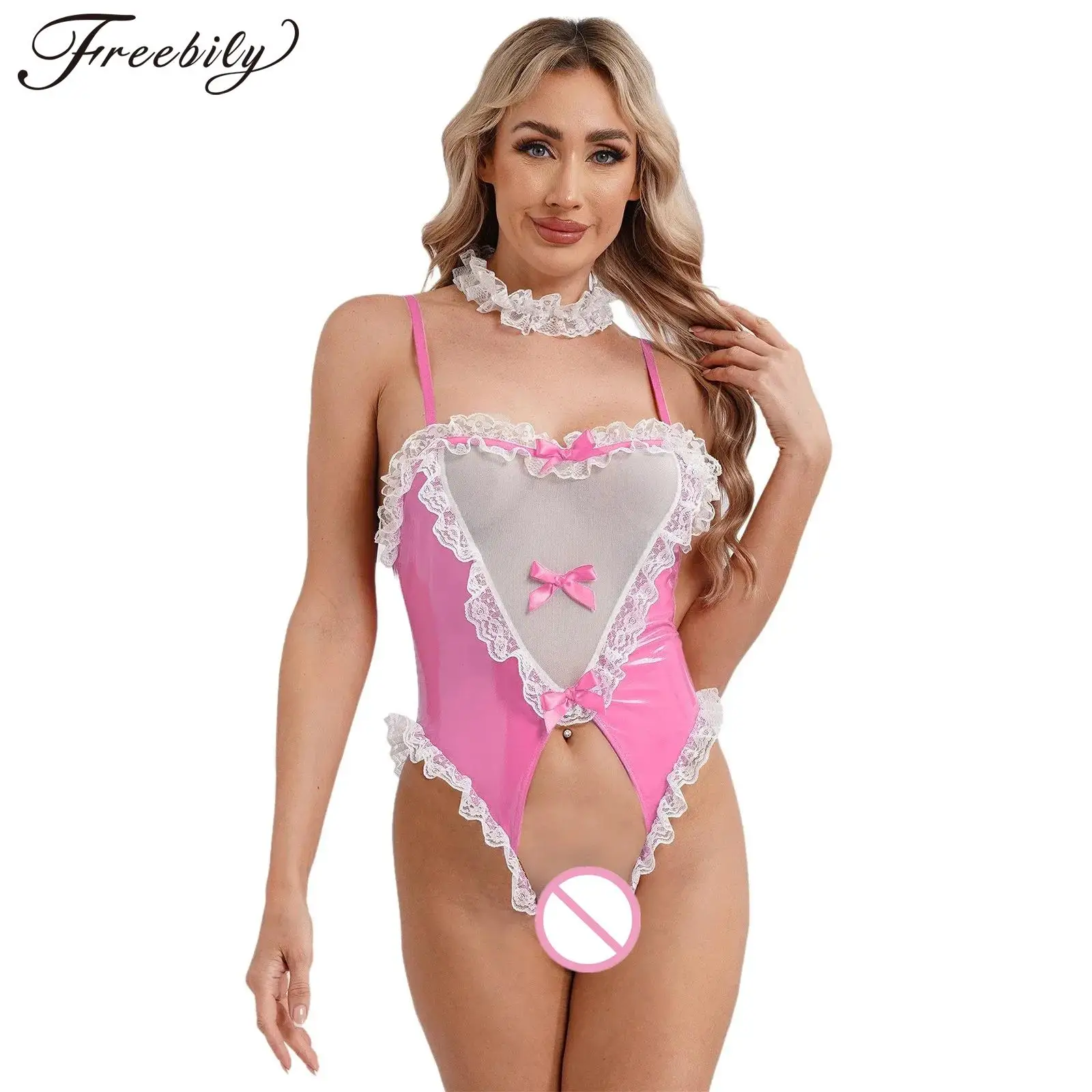 

Women Sexy Maid Bunny Bodysuit Lace Mesh Rabbit Tail Crotchless Open Butt Leotard with Choker Dress Up Party Lingerie Nightwear