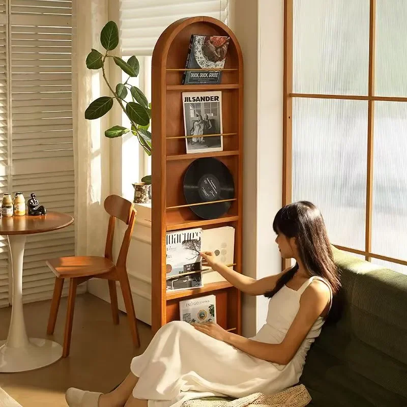 Japanese Style Solid Wood Full Body Mirror with Integrated Magazine Rack Removable Rotating Floor Standing Mirror for Bedroom