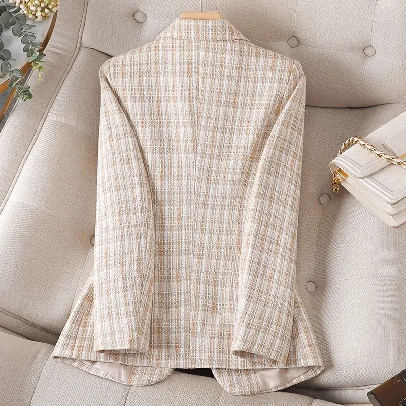 New Office Blazer Formal Jacket Women Long Sleeve Plaid Ladies Woolen Blazers Female Business Work Coat Outerwear Blue Apricot
