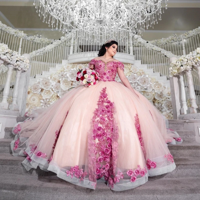 Lorencia-Vestido De baile De quinceañera para niña, Vestido De fiesta De cumpleaños con flores en 3D, rosa, rojo, 15 años, YQD304