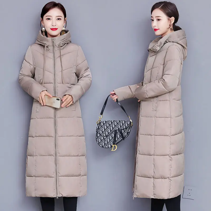 Oversized Hooded Slim Long Parkas Winter Thicken Warm Snow Wear Women\'s Padded Coat Zipper Solid Color Casual Quilted Overcoat