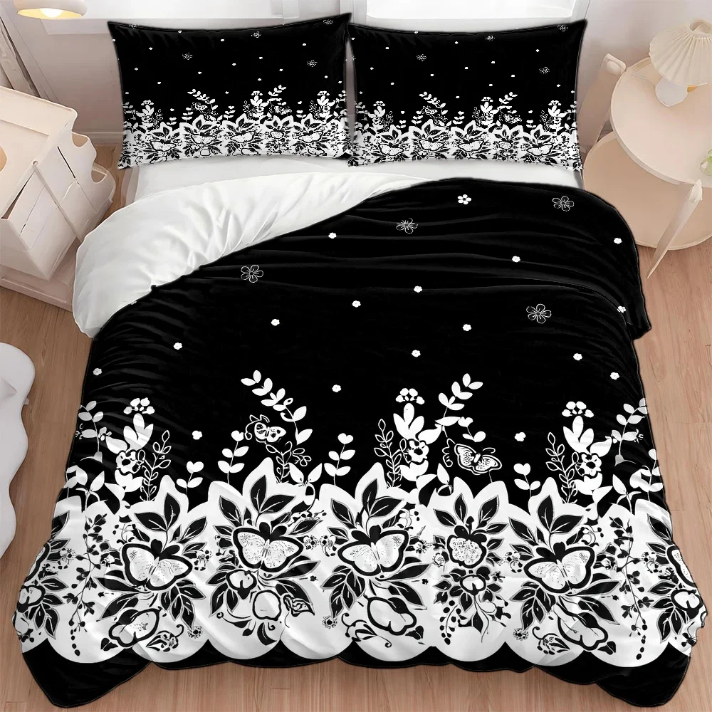 3Pc Black and White Butterfly Floral Lace Quilt Cover Set, Three-Piece Bedding Set (1*Quilt Cover + 2*Pillowcases), Suitable for All Seasons, Machine Washable, Invisible Zipper Design, Large Double Bed Cover Set, Suitable for Home, Dorm, Master Bedroom, Guest Room, Vintage Plant Print Bedding, Exquisite Lace Edge Bedding Set, Cross-Border Best-Selling Bedding Set, Comfortable and Skin-Friendly Bedroom Bedding Three-Piece Set, Artistic Bedding Enhances Space, Comfortable and Skin-Friendly Bedroom Bedding Set, Artistic Bedding Enhances Space