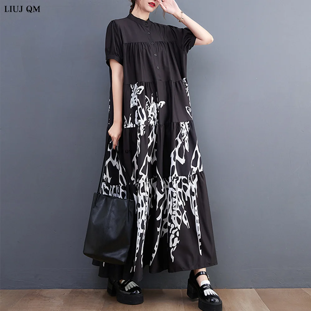 New Korean Style Woman Summer Graffiti Printed Long Black Large Shirt Dress Plus Size Loose Fit Tide Casual Robe Femme