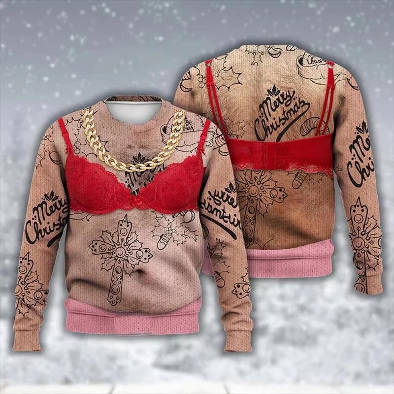 Unisex Ugly Christmas Sweatshirt for Men 3D Printed Funny Fake Muscles Graphic Pullover Sweatshirts Mens Oversized Tracksuit Top