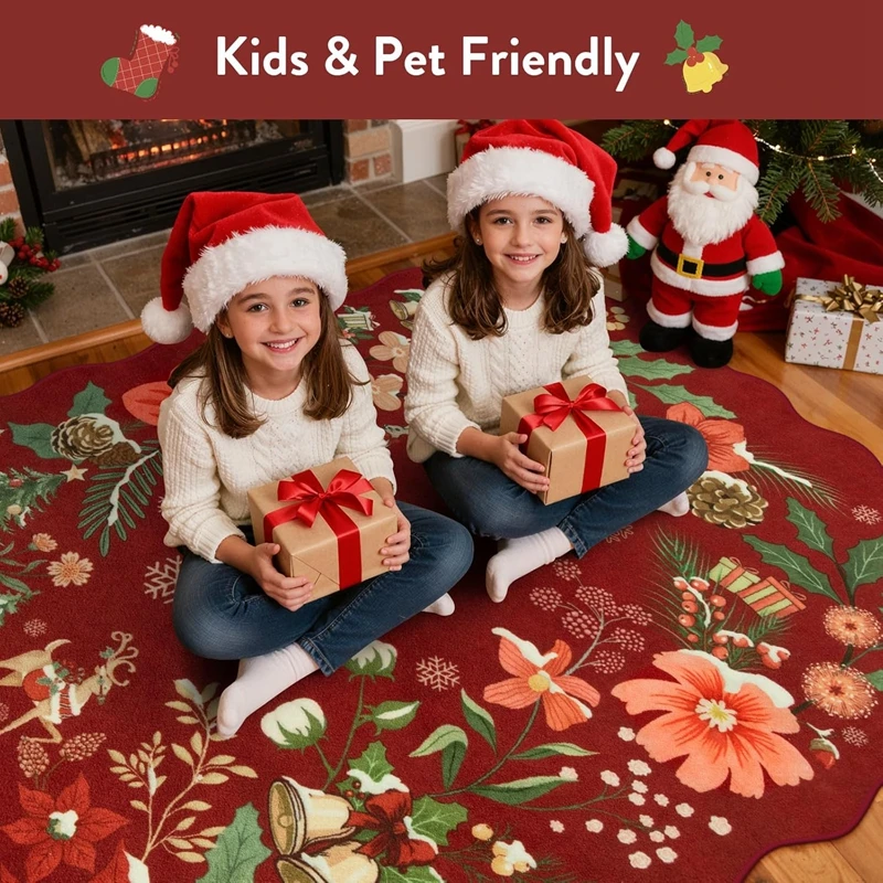 VIKAMA Bloem Kersttapijt Rood Slaapkamer Glad en Vlekbestendig Zacht Tapijt Woonkamer Entree Kantoor Woondecoratie