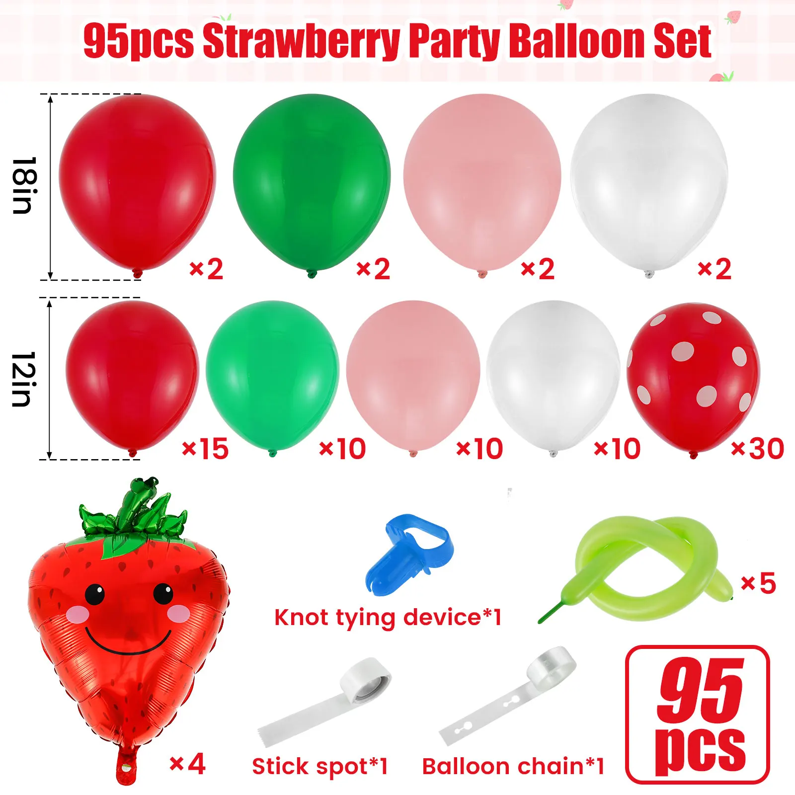 95Pcs Balloon Arch Kit Reusable Red Polka Dots Balloons Latex Birthday Party Balloons Strawberry Theme Balloon Party Decorations