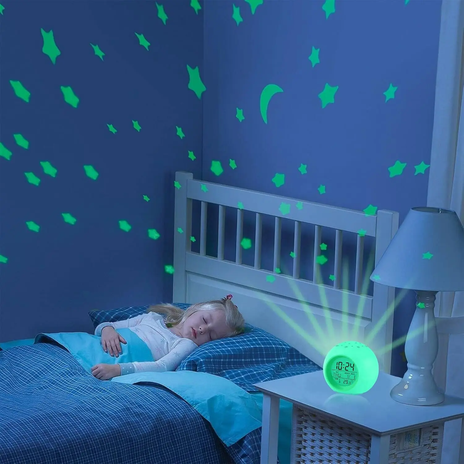 Alarm Clock for Kids,Moon Stars Projector Alarm Clock,7 Color Changing Night Light,Snooze Touch Control Temperature, Customized