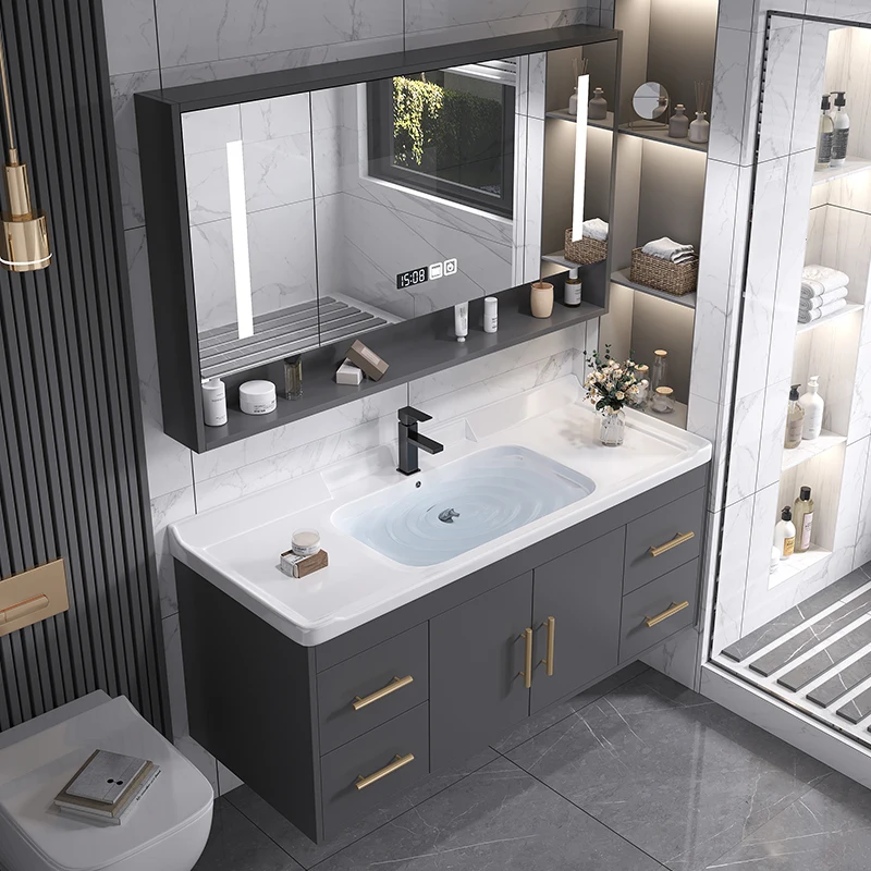 

Bathroom Storage Cabinet with Ceramic Basin Sink Modern Solid Wood Bathroom Vanity Led Mirror Custom Bathroom Furniture