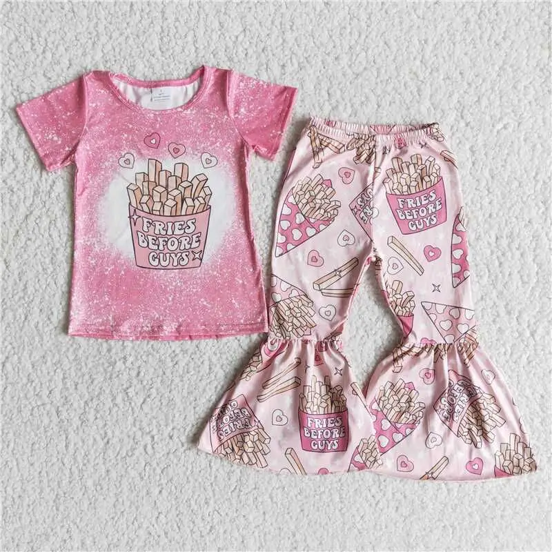 

RTS Baby Girls Pink Color Cartoon Short Sleeve Shirt Top Bell Bottom Pants Wholesale Kids Children Kid Boutique Outfits Clothing