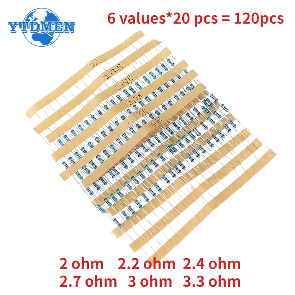 120 SZTUK 1/4W-1% Zestaw rezystorów do naprawy poduszek powietrznych 2R, 2.2R, 2.4R, 2.7R, 3R, 3.3R, 2 ohm ~ 3.3 ohm Zestaw rezystorów do poduszek powietrznych samochodowych