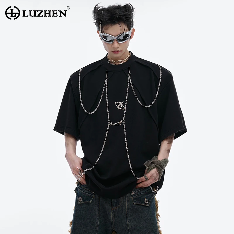 

LUZHEN Metal Chain Splicing Design Fashion Short Sleeved T Shirts Personalized Trendy Street Wear High Quality Men's Tops LZ4047