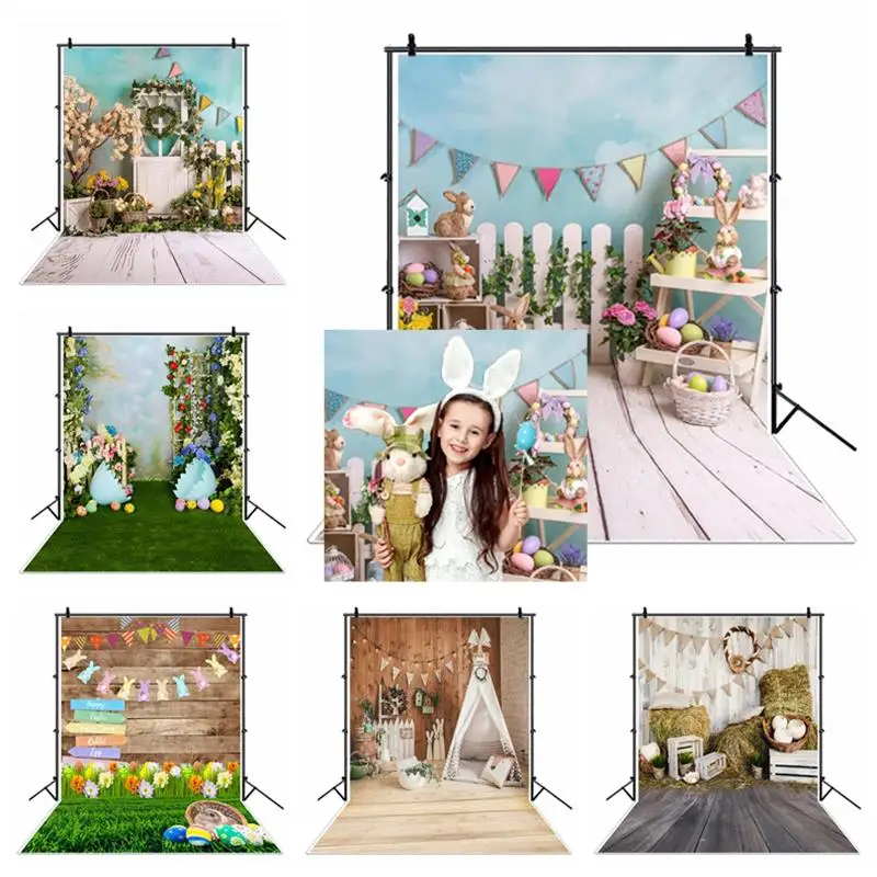 

Spring Easter Backdrop Rabbit Eggs Flowers Grassland Wood Floor Birthday Decoration Newborn Photography Background Photo Studio