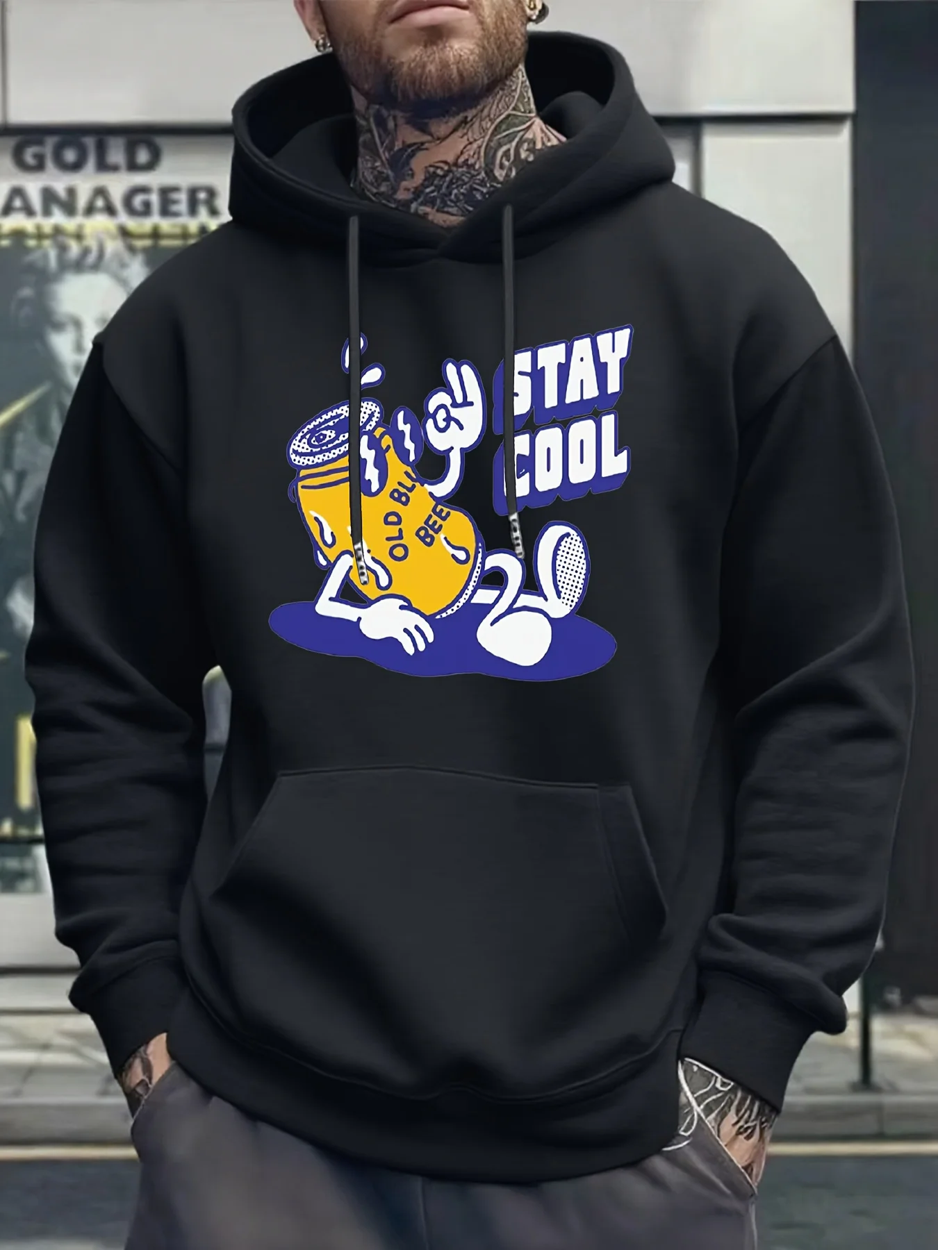 

1pc Men'S Hooded Sweatshirt - White with Blue Stay Cool Graphic Print, Casual Long Sleeve Hoodie with Drawstring Hood