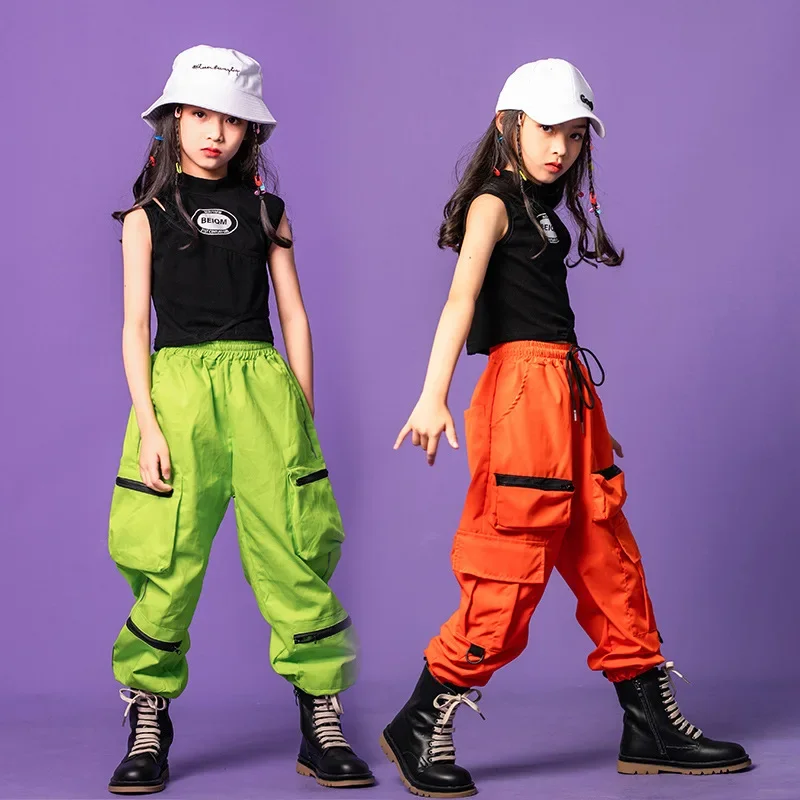 Vêtements Hip Hop Kpop pour enfants, haut court précieux, noir, vert, orange, streetwear, pantalon de jogging DulCargo, vêtements de costume de danse pour filles