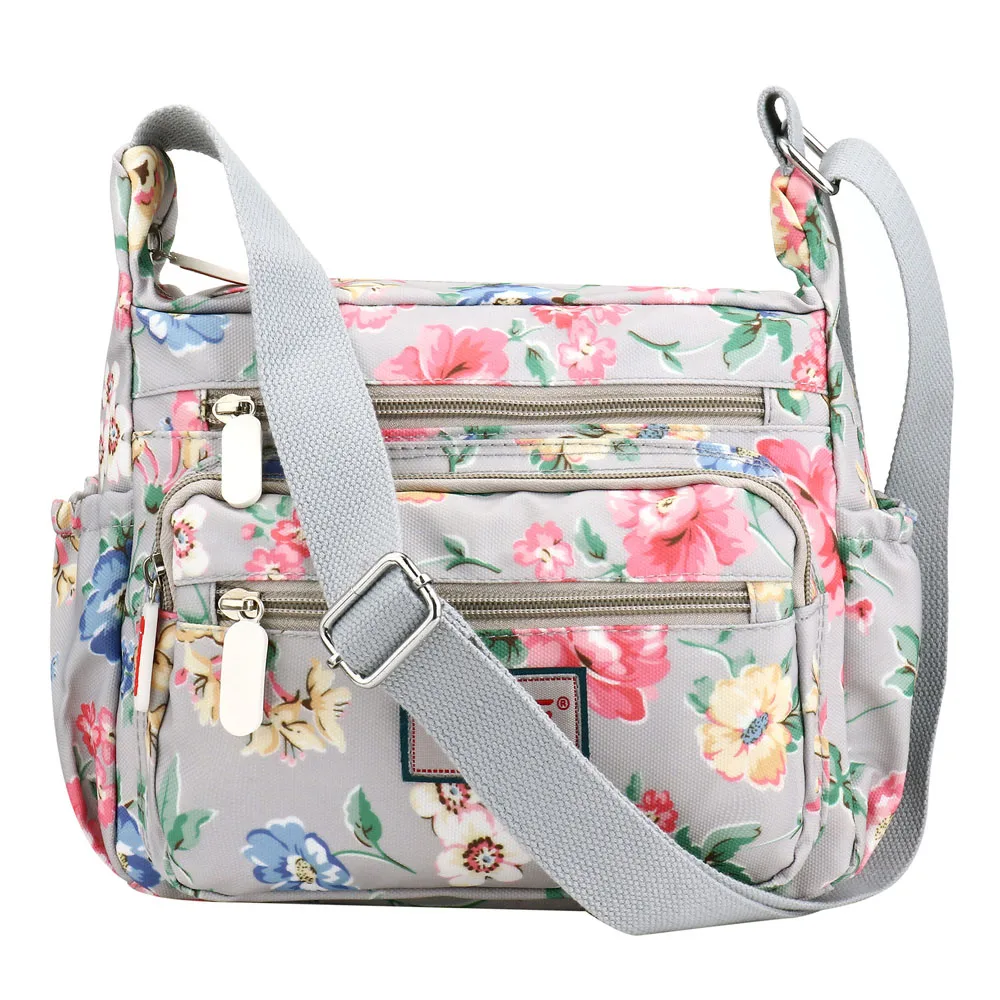 Multi-Pocket Crossbody Handbags Floral Printed Shoulder Messenger Bags Waterproof Canvas Bag for Shopping Hiking Daily Useing