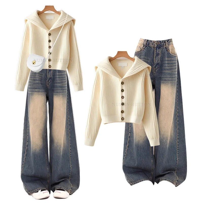 Large Size Autumn Denim Suit Women's Age-reducing Knitted Sweater Cardigan High Waist Wide Leg Jeans Two-piece Set