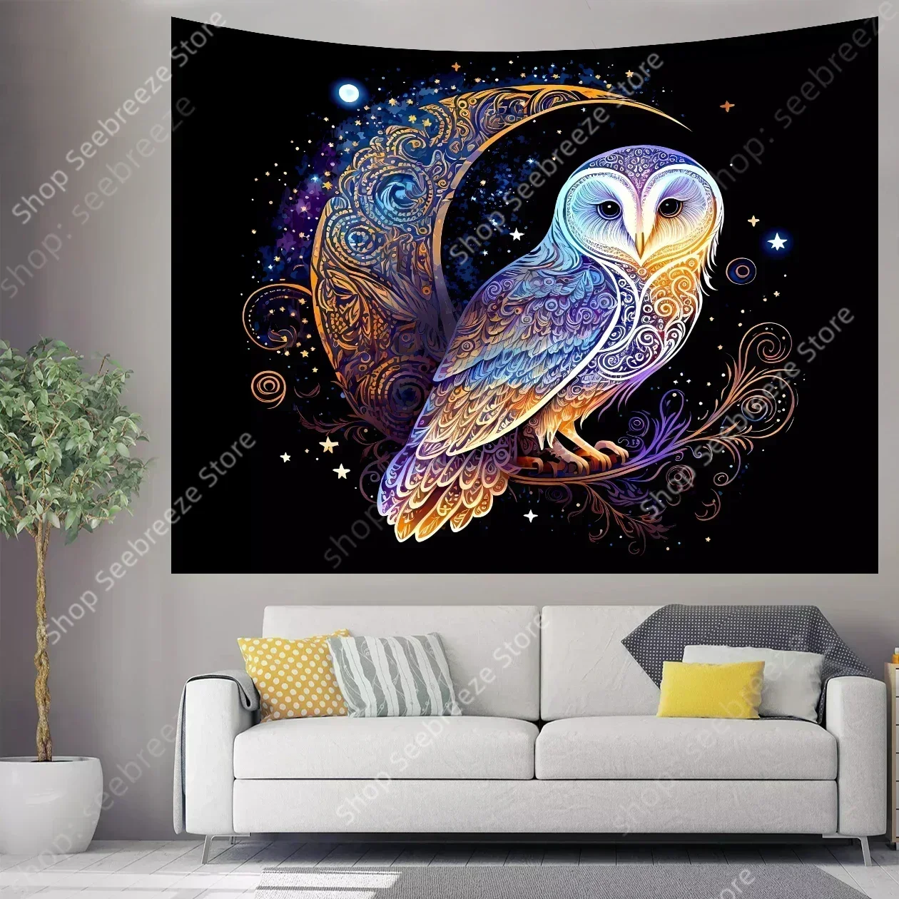 Lunar Owl Wall Tapestry Celestial Aesthetic, Moon Lovers Gift, Witch Wall Art, Ethereal Altar Cloth Trippy Room Decor Aesthetic