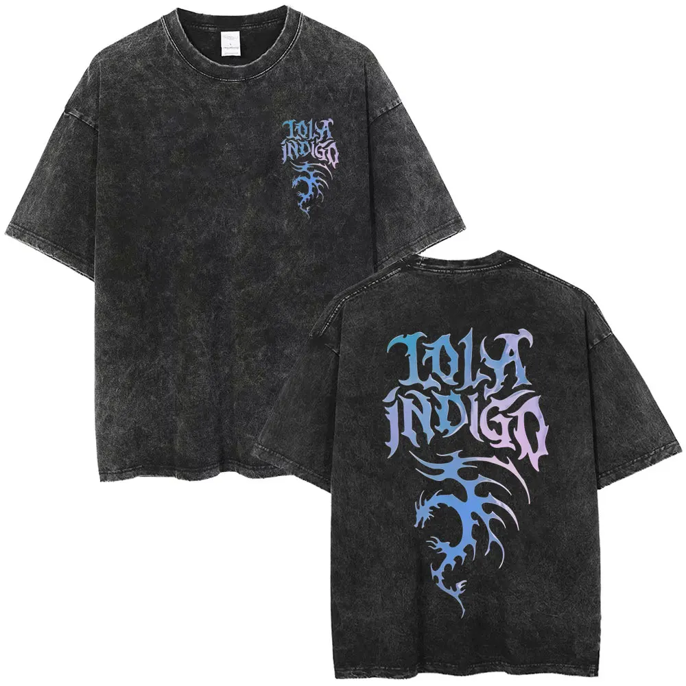 

Vintage Washed Lola Indigo 2025 Logo T-shirts Men Women Fashion O-collar T-shirts Men's Casual Cotton Retro T-shirt Streetwear