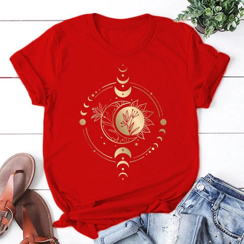 تي شيرت بأكمام قصيرة للرجال مع طباعة الشمس والقمر ، كاجوال ، صيفي ، هراكاز