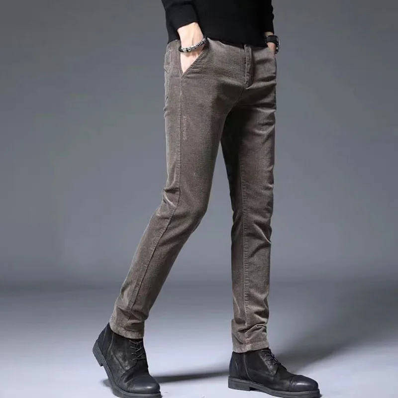 Autumn Winter Men Corduroy Casual Pants Streetwear New Fashion Male Clothing Solid Elastic Thicken Straight Full Trousers 28-38