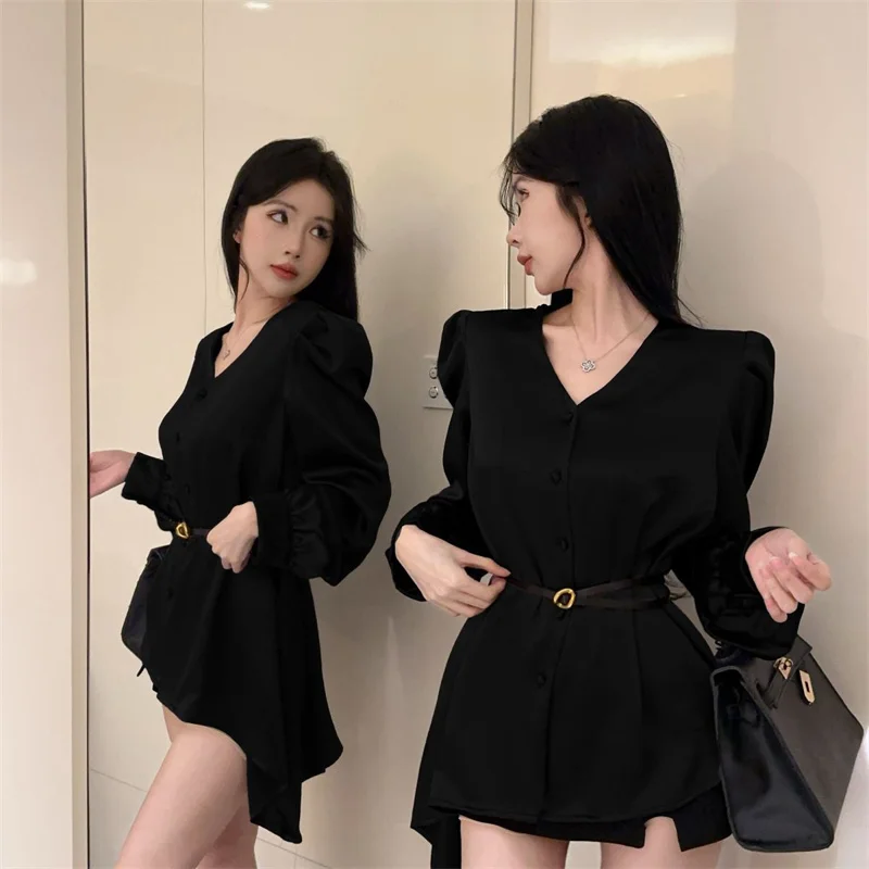 

Women's Shirt New Fashion Sense V-neck Satin Cardigan Loose Shirt Female Design Sense Irregular Long-sleeved with Belt Shirt