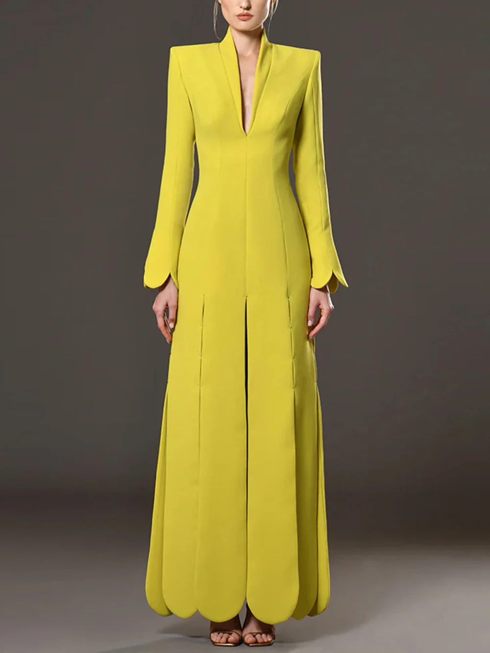 Modphy 2026 Autumn New Fashion Petal Slit Design Slim V-Neck Long Dress Women'S Long Sleeved Elegant Dinner Party Evening Gown
