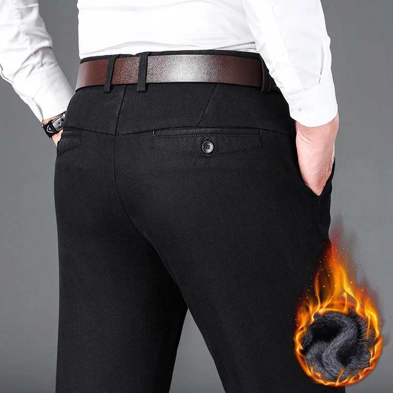 2022 Winter New Men\'s Business Warm Casual Pants Classic Style Thick Fleece Fashionable Stretch Trousers Male Brand Clothes