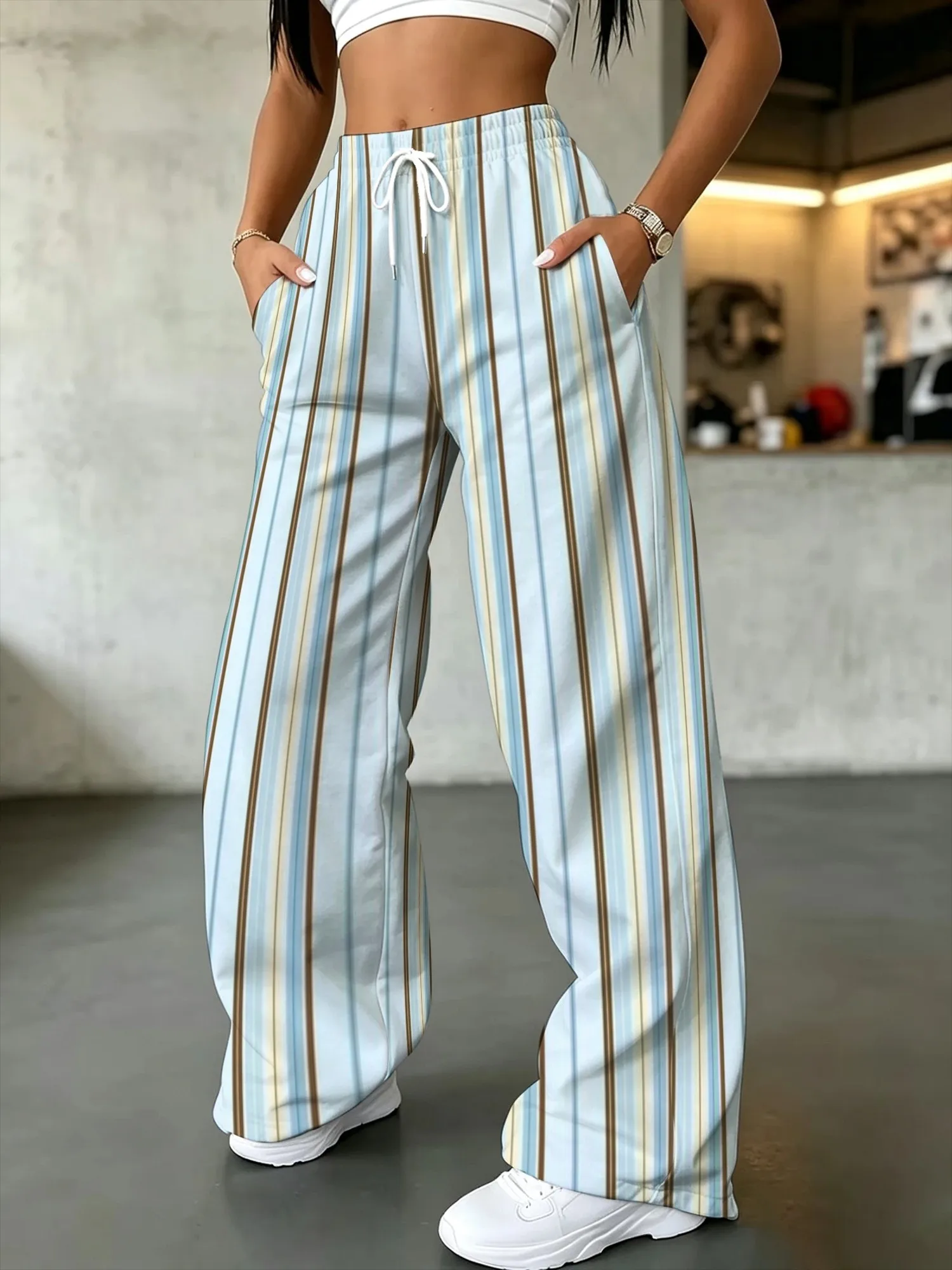 Korean Vertical Stripe Women's Sisters Dress Loose Breathable Leisure Sports Pants Cycling Fitness Daily Wear Large