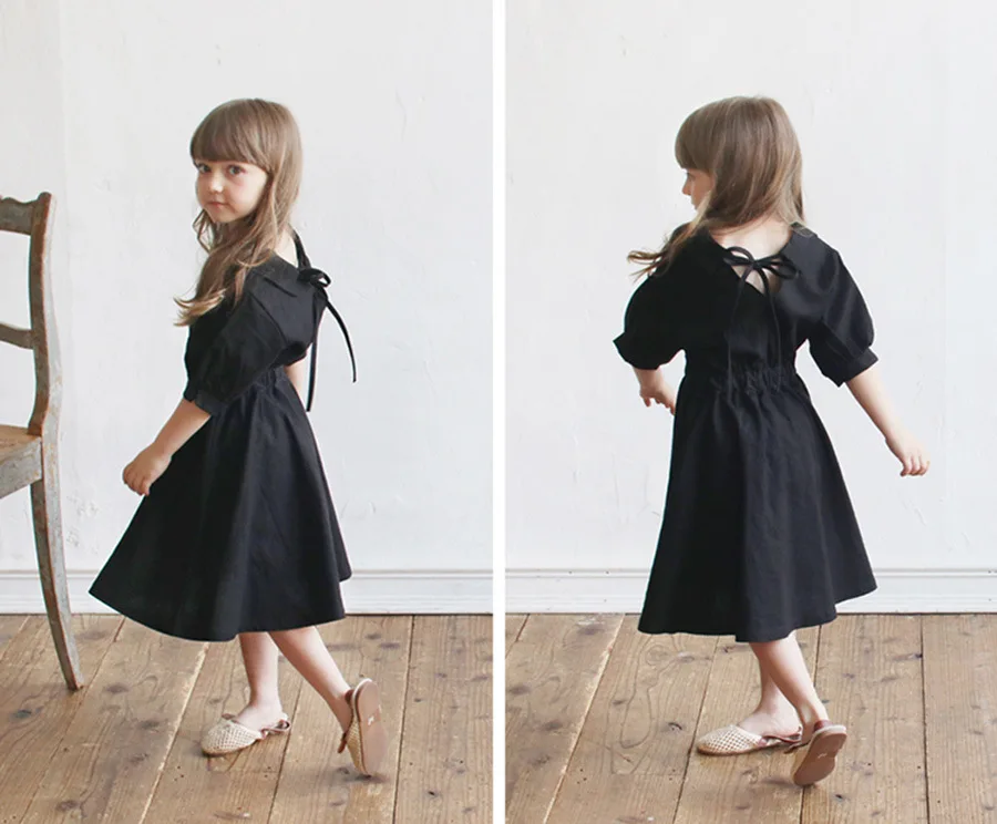 JUCPKID 2024 Summer School Girl One-piece Dress Teenager Girl Elastic Waist Shirt Dress Children Girl Quarter Sleeved Dress