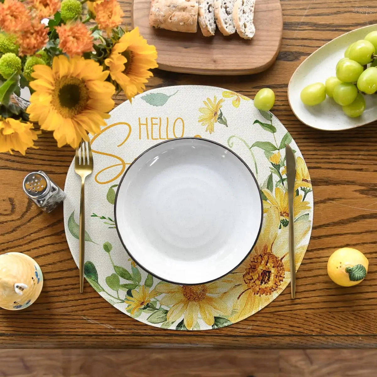 Hello Sunshine Sunflower Round Summer Placemats Set of 4,  Spring Round Table Mats for Dining Decoration