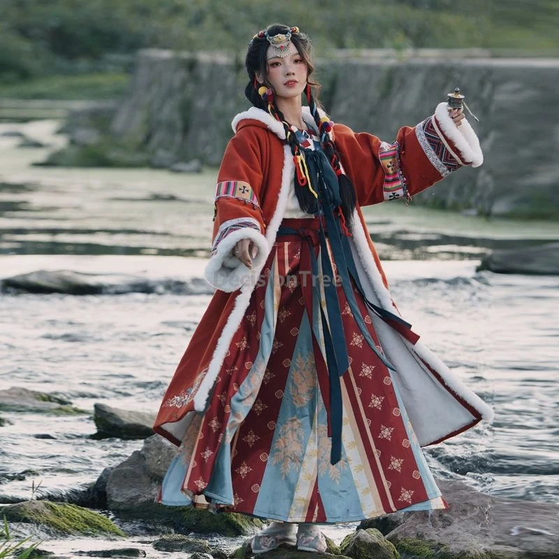 

2025 tibetan girls' daily winter clothes cotton warm embroideried hanfu set retro ethnic style exotic characteristic hanfu suit