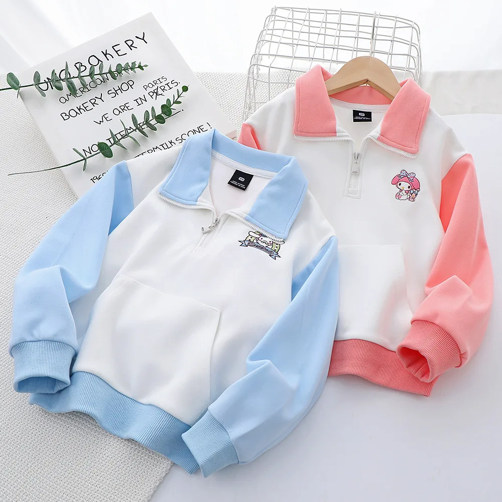 Kawaii My Melody Cinnamoroll Girls Kids Polo Shirt Tops Sanrios Anime Student Spring Cartoon Cotton Cute Pullover Long Sleeve