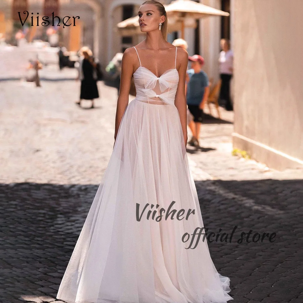 

Viisher White Tulle A Line Wedding Dresses Corset Sweetheart Spaghetti Straps Simple Civil Wedding Bridal Gowns Back Lace Up