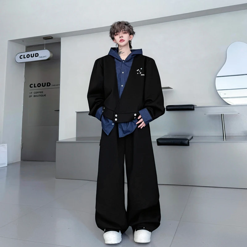 

Fall 2025 Men's Faion irt Set with Wide Leg Pants And Hoodie in Contrast Colors Trendy And Unique Sle Long Sve