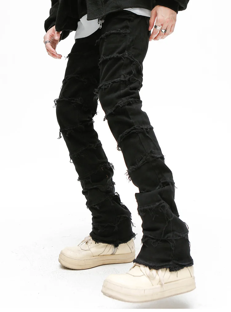 Heavy Industry Hole Frayed Destruction Waxed Jeans Mens High Street Retro Straight Ripped Pencil Pants Oversize Denim Trousers