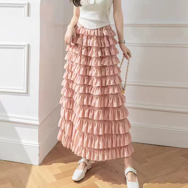 ITOOLIN Women Chic Ruffles Chiffon Skirt Elegant Office High Waist Cute Skirt Casual For Women Party Mid Length Skirt Summer