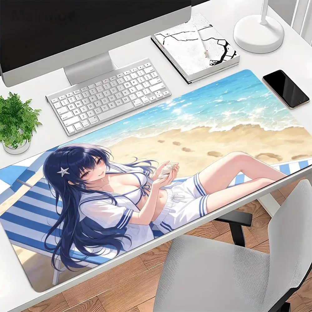 ummer beach blue hair anime girl large size playmat fresh anime game card pad for competitive games