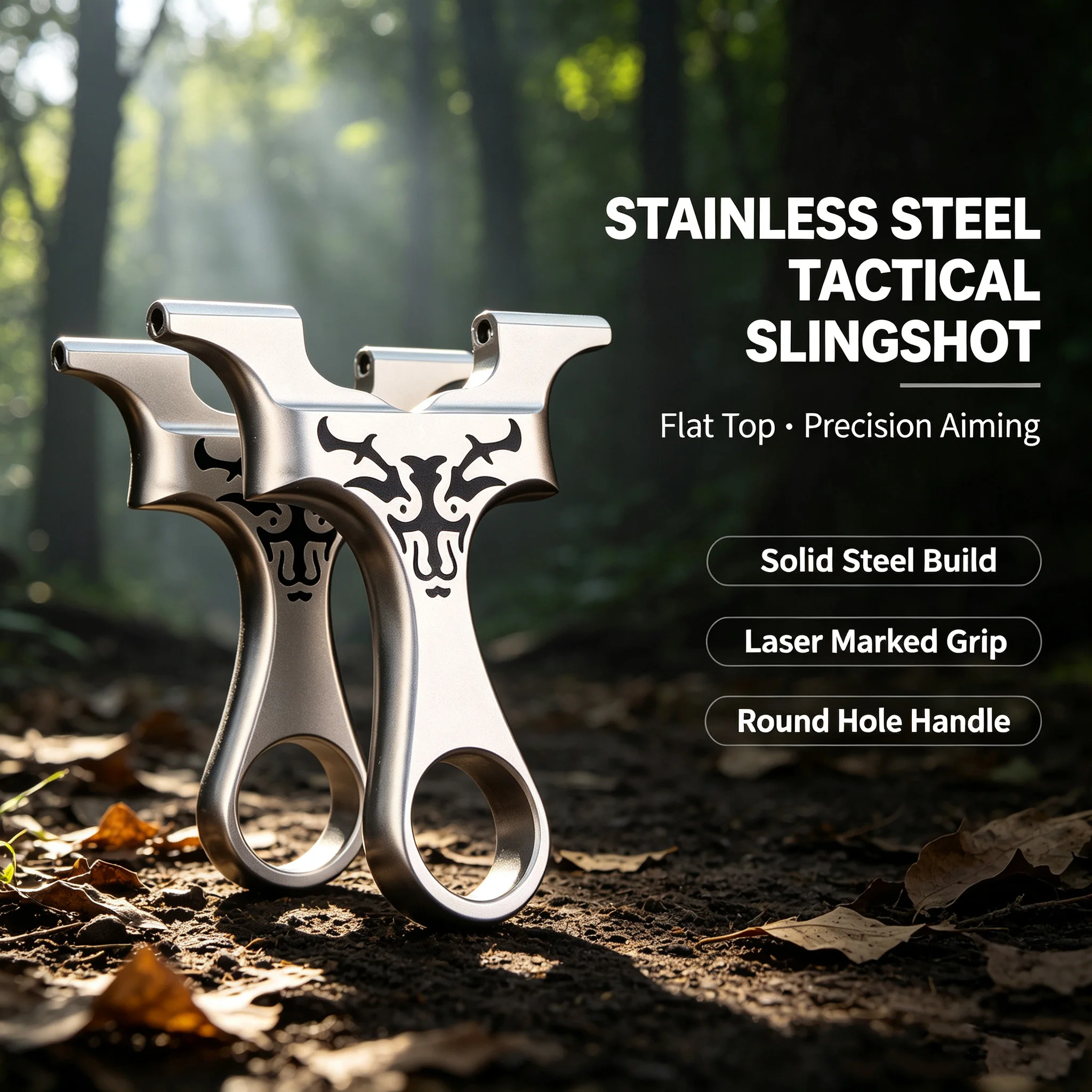 Stainless Steel Y-Shaped Slingshot with Hollow Tribal Pattern & Finger Ring for Outdoor Target Practice & Precision Sports
