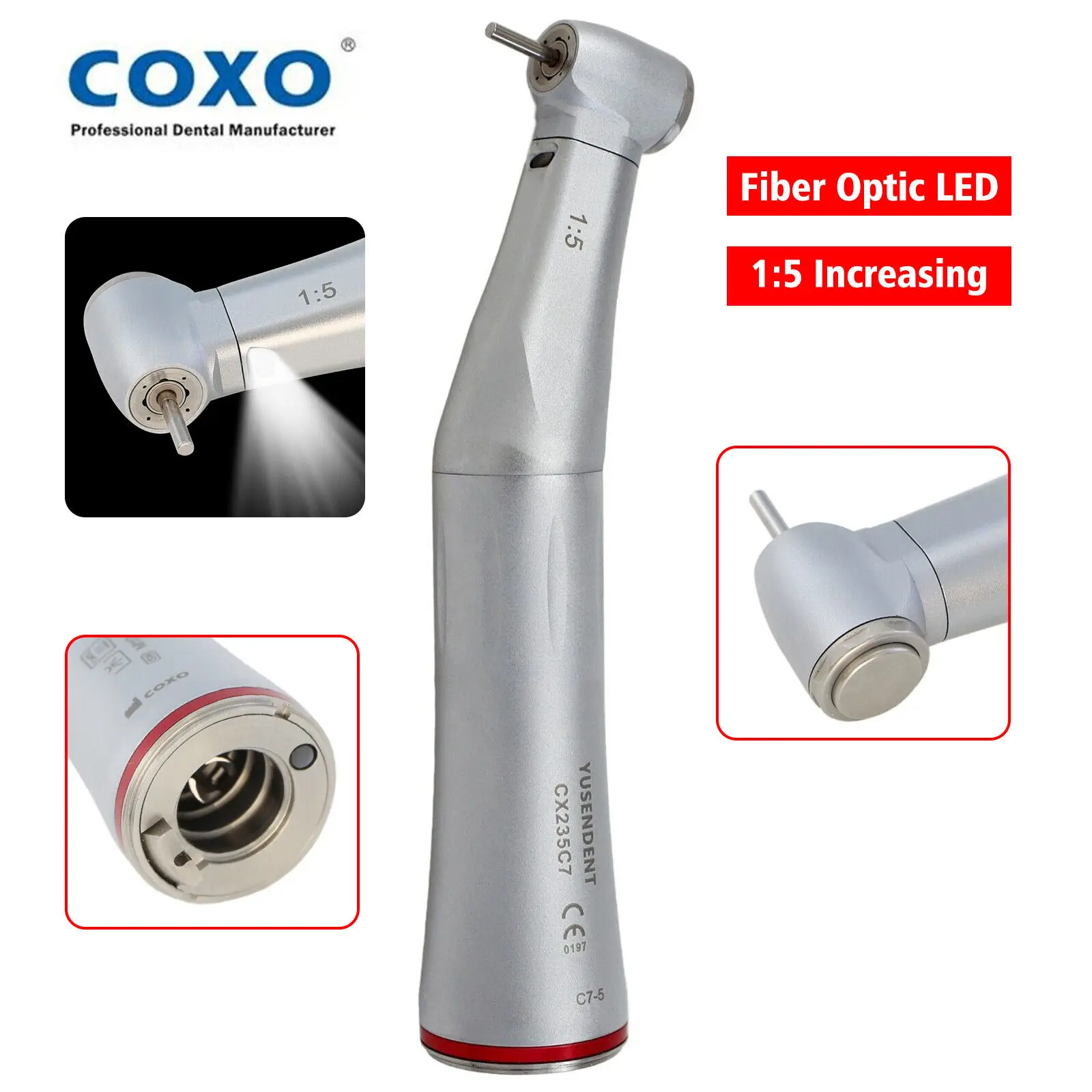 

COXO Dental 1:5 Fiber Optic LED Increasing Contra Angle Electric Handpiece Fit NSK KaVo Motor